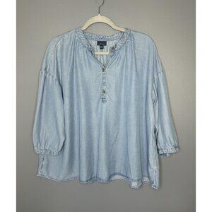 J Jill Chambray Denim Shirt Womens L Blue Tencel Puff Sleeve Popover Blouse Top